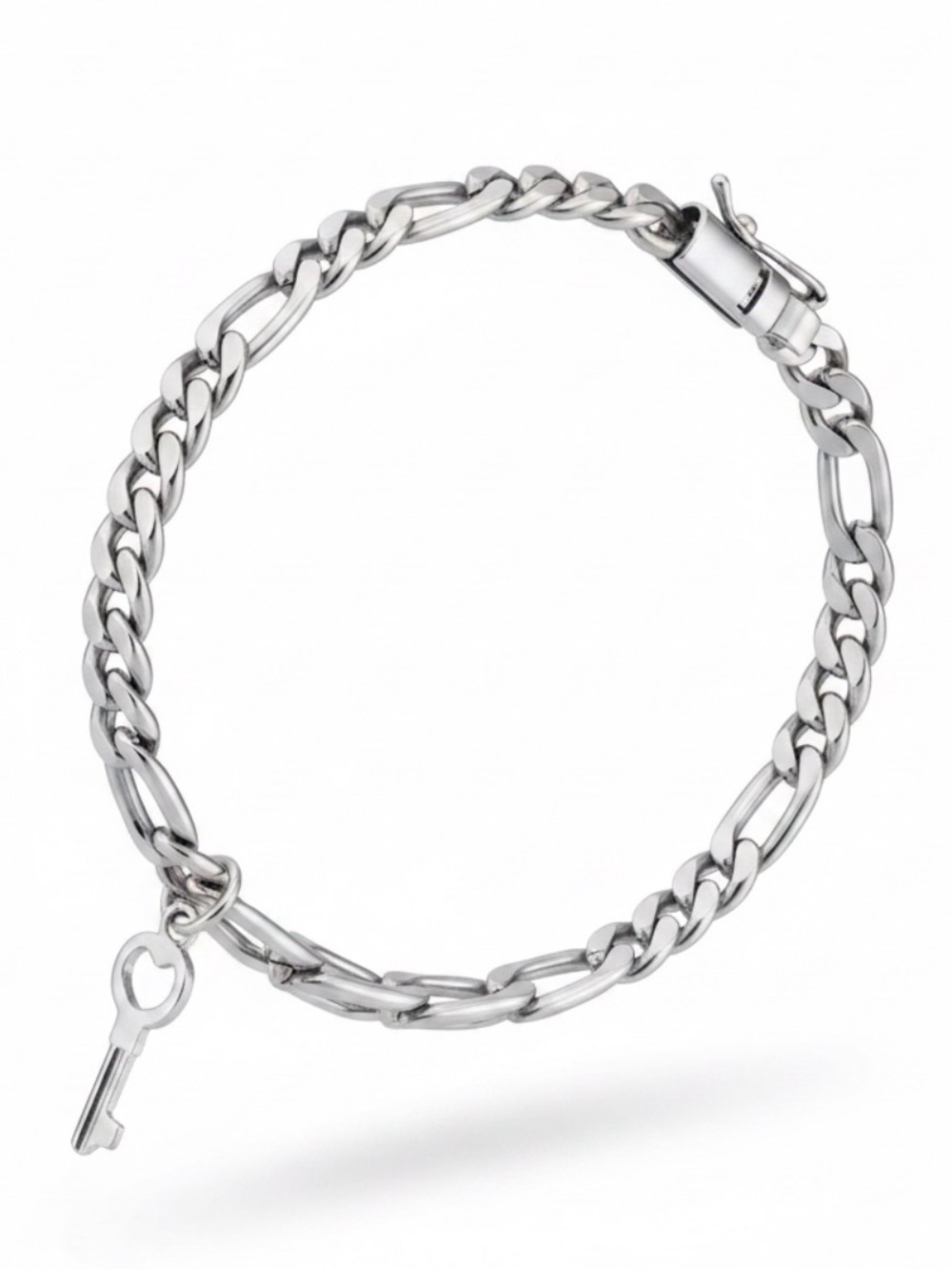 Sterling Silver 950 Key Charm Figaro Chain Bracelet